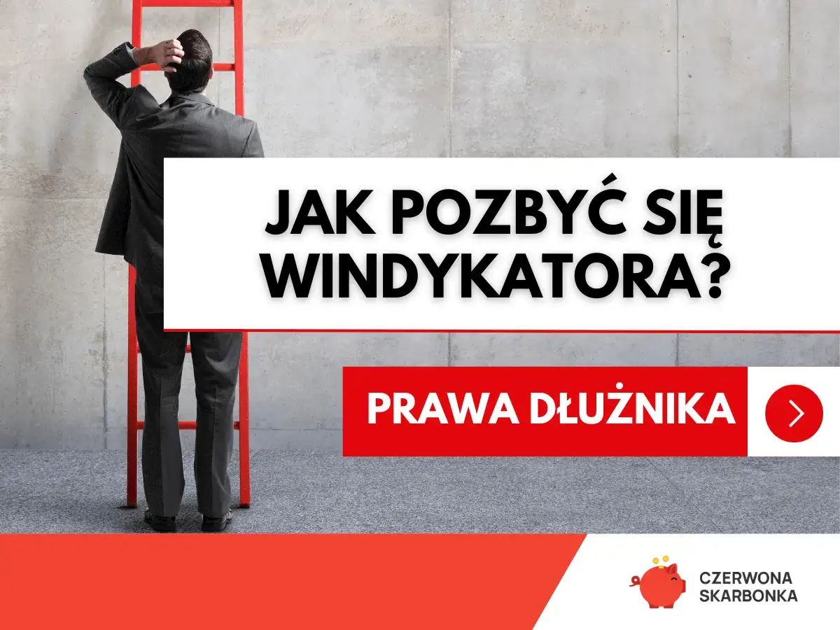 Mężczyzna w garniturze stoi przy czerwonej drabinie, zastanawiając się, jak pozbyć się windykatora. Tekst: