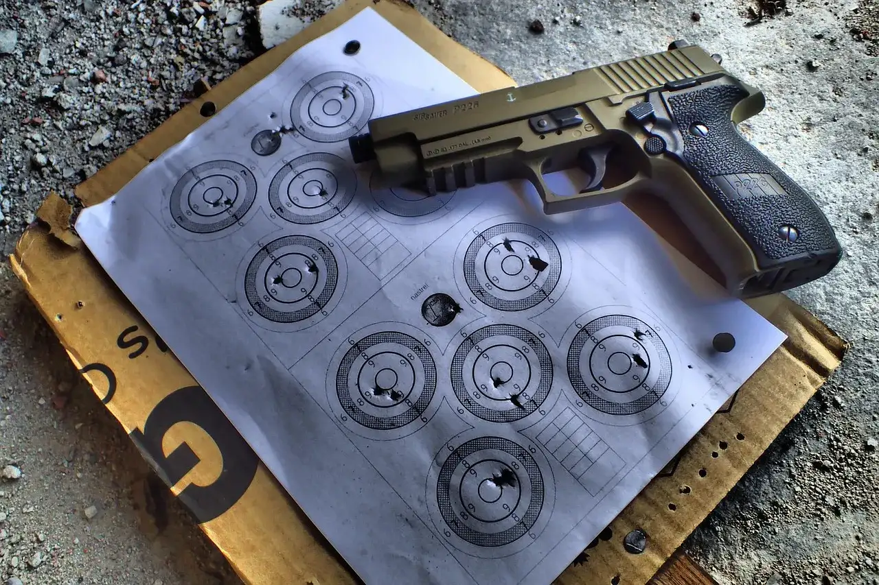 Złoty pistolet Sig Sauer P226 leży na papierze z tarczami strzelniczymi, gotowy do użycia po uzyskaniu pozwolenia na broń.