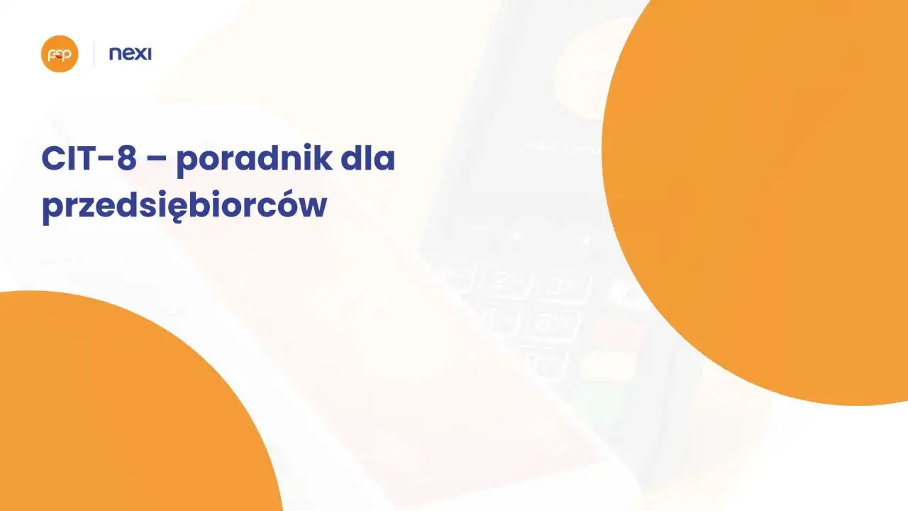 Poradnik CIT-8 dla przedsiębiorców. Grafika przedstawia zbliżenie na terminal płatniczy i smartfon, sugerując łatwość rozliczeń.