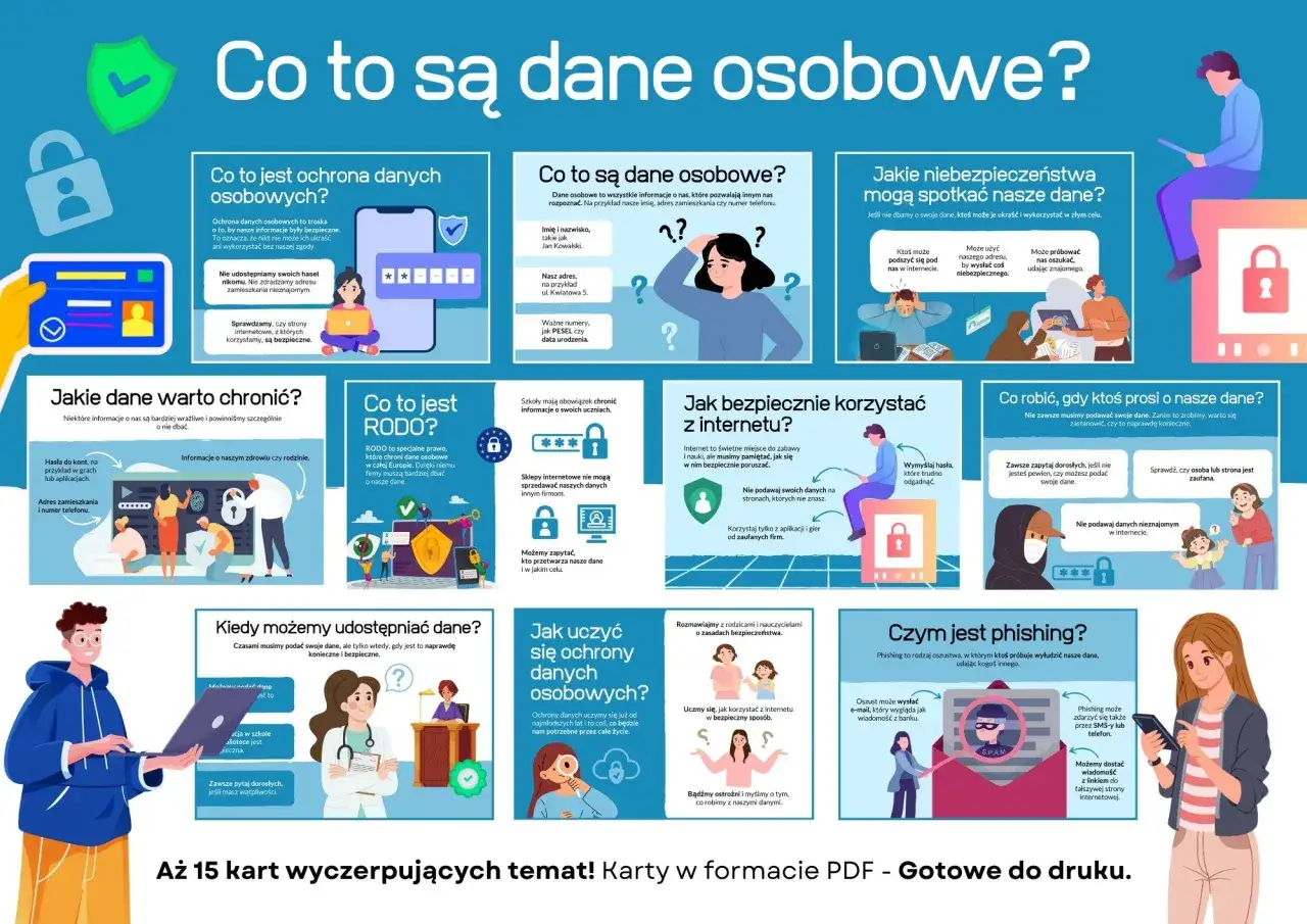 Grafika wyjaśnia, czym są dane osobowe, jak je chronić i jakie zagrożenia czyhają w sieci. Podkreśla znaczenie ochrony danych osobowych.