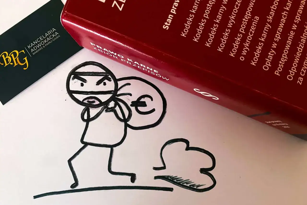 Rysunek przedstawia złodzieja z torbą euro, uciekającego przed prawem karnym.