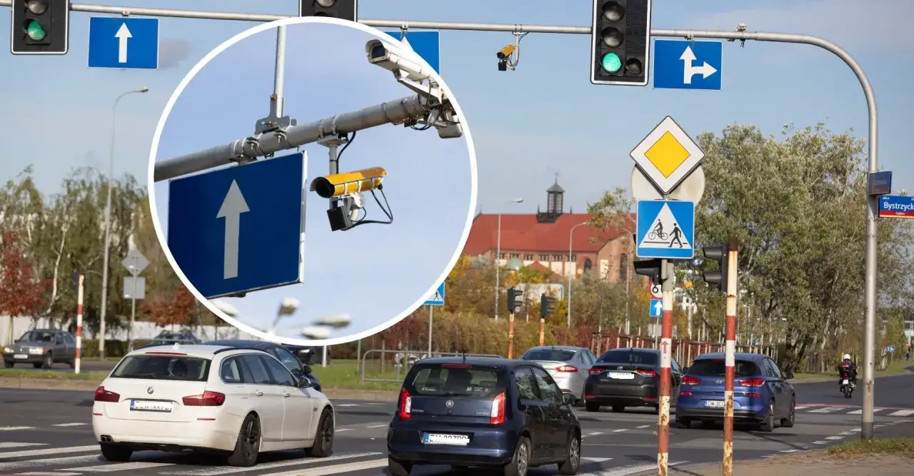 Kamery rejestrujące przejazd na czerwonym świetle wiszą nad skrzyżowaniem. Uważaj, by nie dostać mandatu za przejazd na czerwonym.