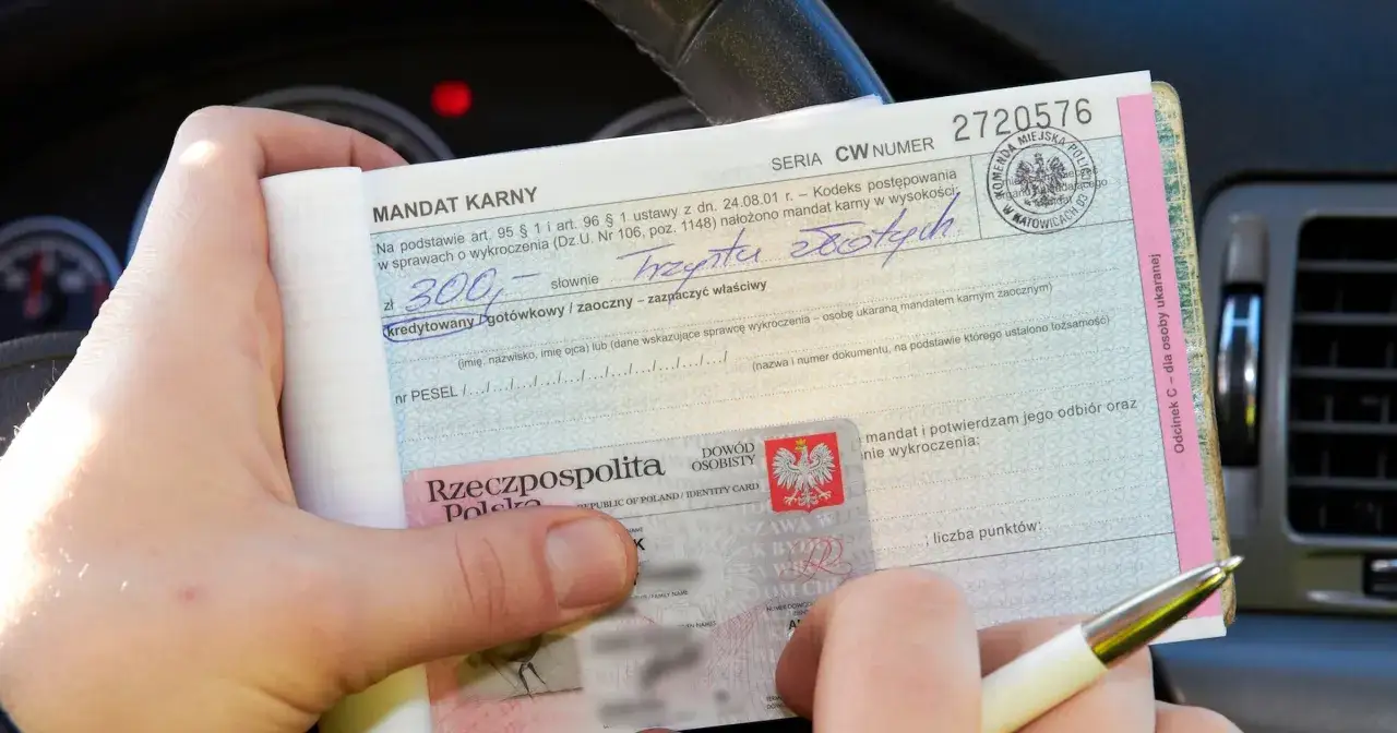 Ręka trzyma mandat karny na 300 zł, obok dowód osobisty.
