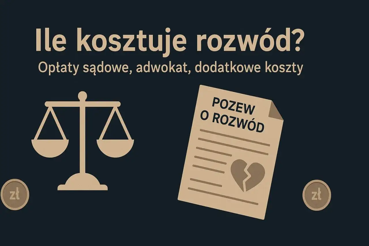Grafika przedstawia wagę sprawiedliwości, pozew o rozwód z pękniętym sercem i monety zł. Ilustruje koszty rozwodu.