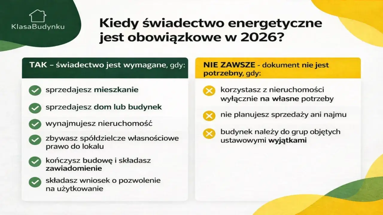 Kiedy świadectwo energetyczne jest obowiązkowe w 2026? Sprawdź, kiedy charakterystyka energetyczna budynku jest wymagana, a kiedy nie.
