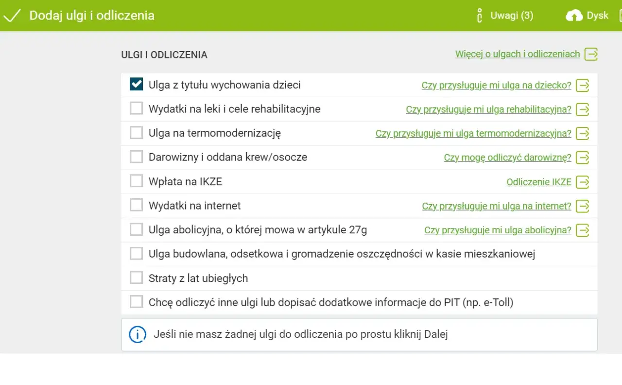Formularz podatkowy z opcją zaznaczenia ulgi na dziecko. Dostępne też inne odliczenia.
