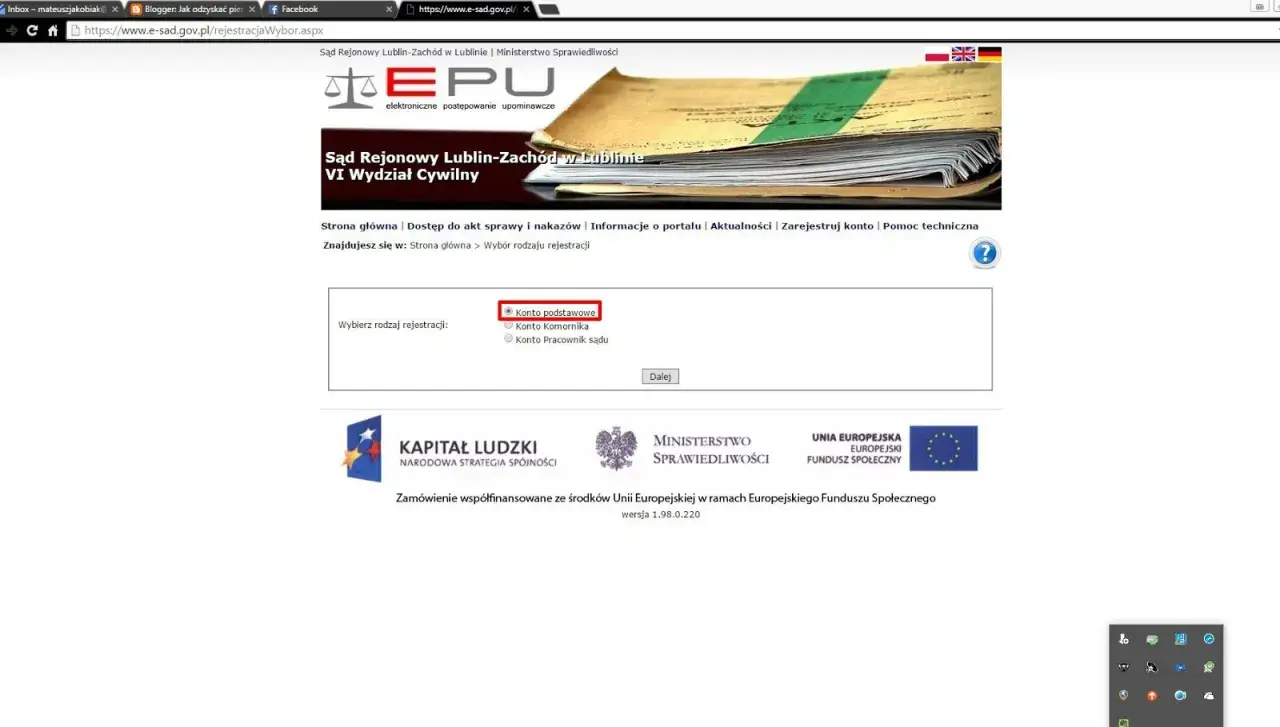 strona e-sad.gov.pl z polem na kod dostępu