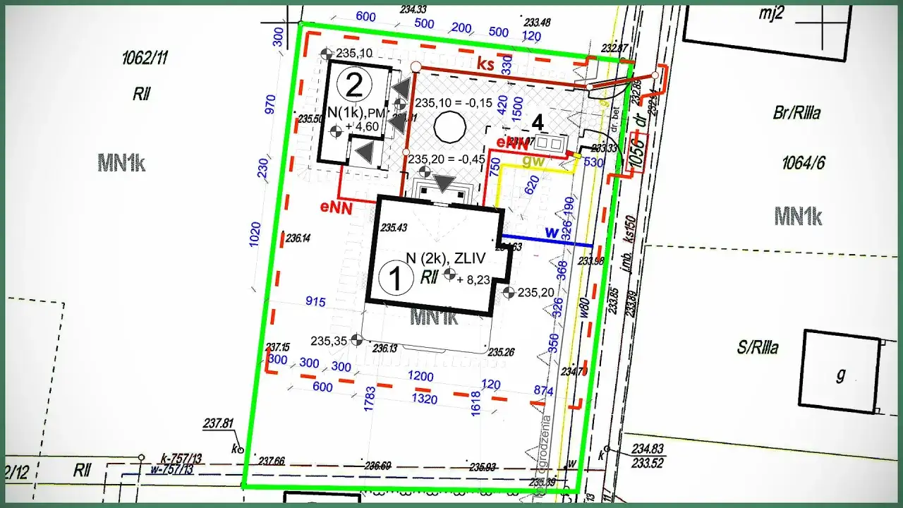 Fragment mapy z oznaczeniami działek i budynków, zgodny z miejscowym planem zagospodarowania przestrzennego.