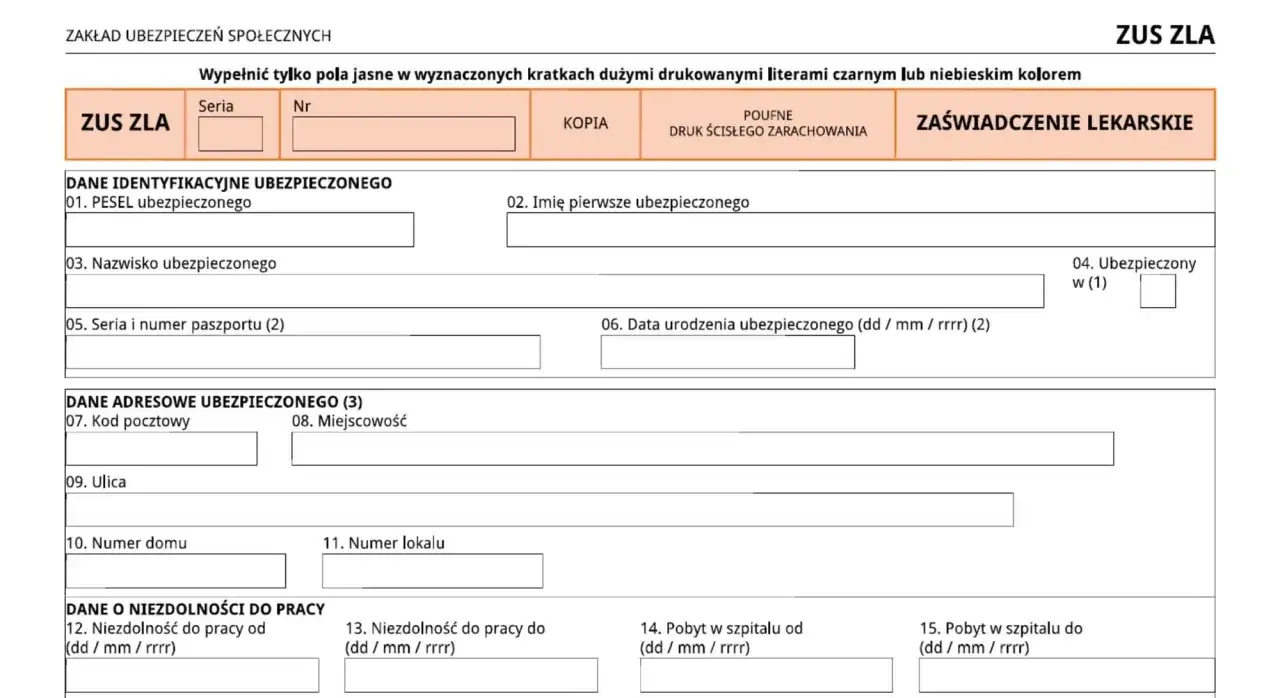 Formularz ZUS ZLA do wypełnienia danych ubezpieczonego i informacji o niezdolności do pracy, w tym zwolnienie lekarskie wstecz.