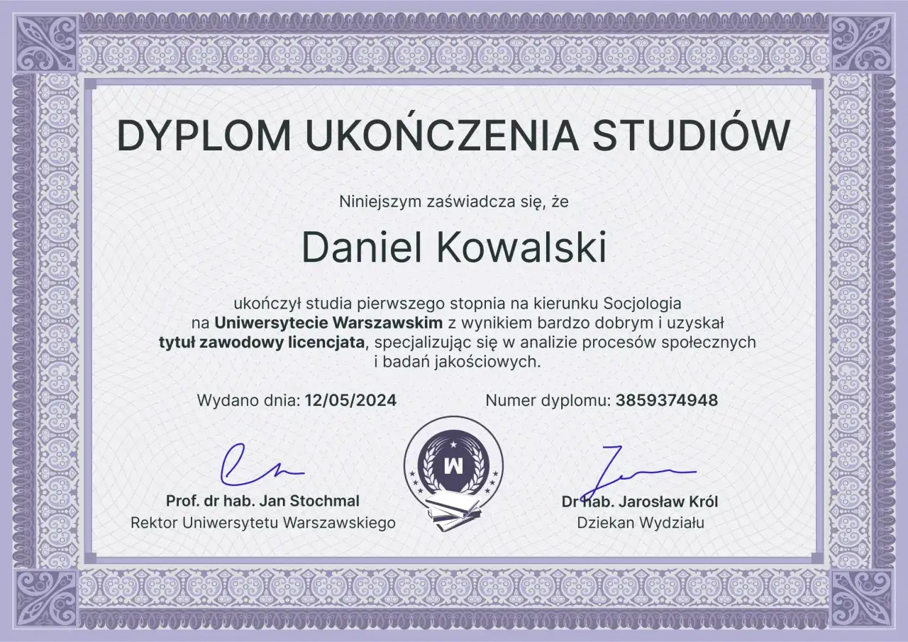 Dyplom ukończenia studi&oacute;w w języku angielskim
