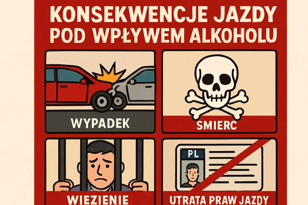 Konsekwencje jazdy pod wpływem alkoholu: wypadek, śmierć, więzienie, utrata prawa jazdy.
