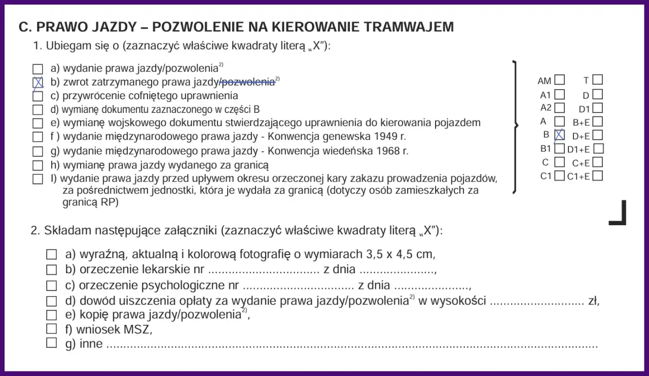Formularz ubiegania się o pozwolenie na kierowanie tramwajem, zaznaczono zwrot zatrzymanego prawa jazdy po okresie zakazu prowadzenia pojazdów.