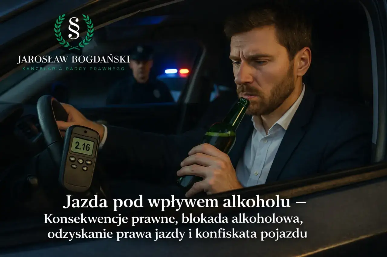 Mężczyzna pije piwo za kierownicą, obok alkomat. Policja w tle. Jazda pod wpływem alkoholu grozi zakazem prowadzenia pojazdów.