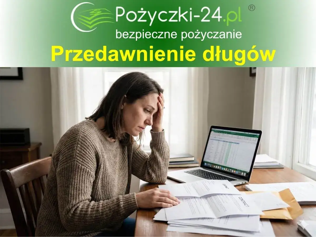 Zmartwiona kobieta przegląda dokumenty, szukając rozwiązania problemu przedawnienia długu. Na ekranie laptopa widać arkusz kalkulacyjny.
