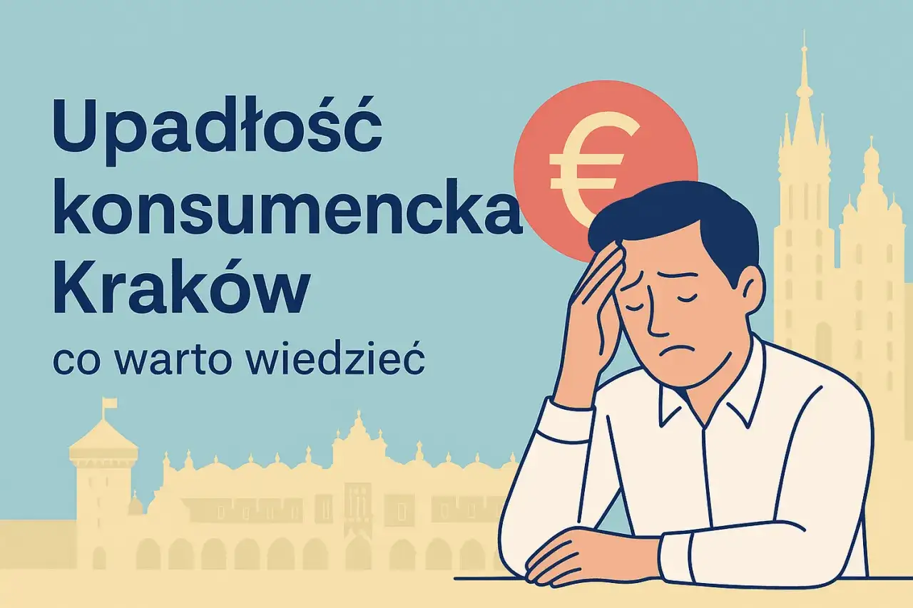 Ilustracja mężczyzny z euro i sylwetką Krakowa, symbolizująca upadłość konsumencką.