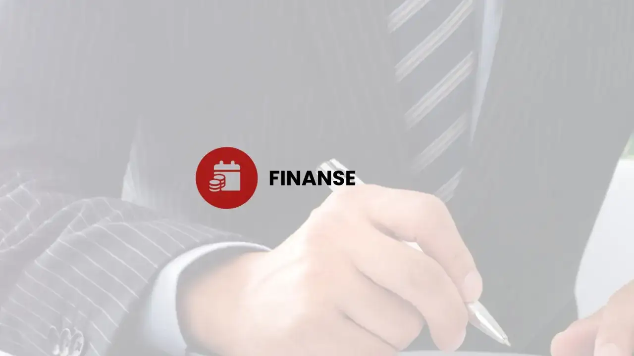 Dłoń w garniturze pisze, obok ikona kalendarza z monetami i napis FINANSE. To może być symbol zarządzania finansami, nawet w sprawach de minimis.