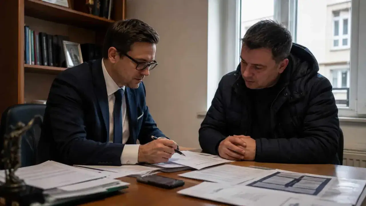 Mężczyzna w garniturze tłumaczy coś klientowi, wskazując na dokumenty. Rozmowa dotyczy sprawy 286 kk.