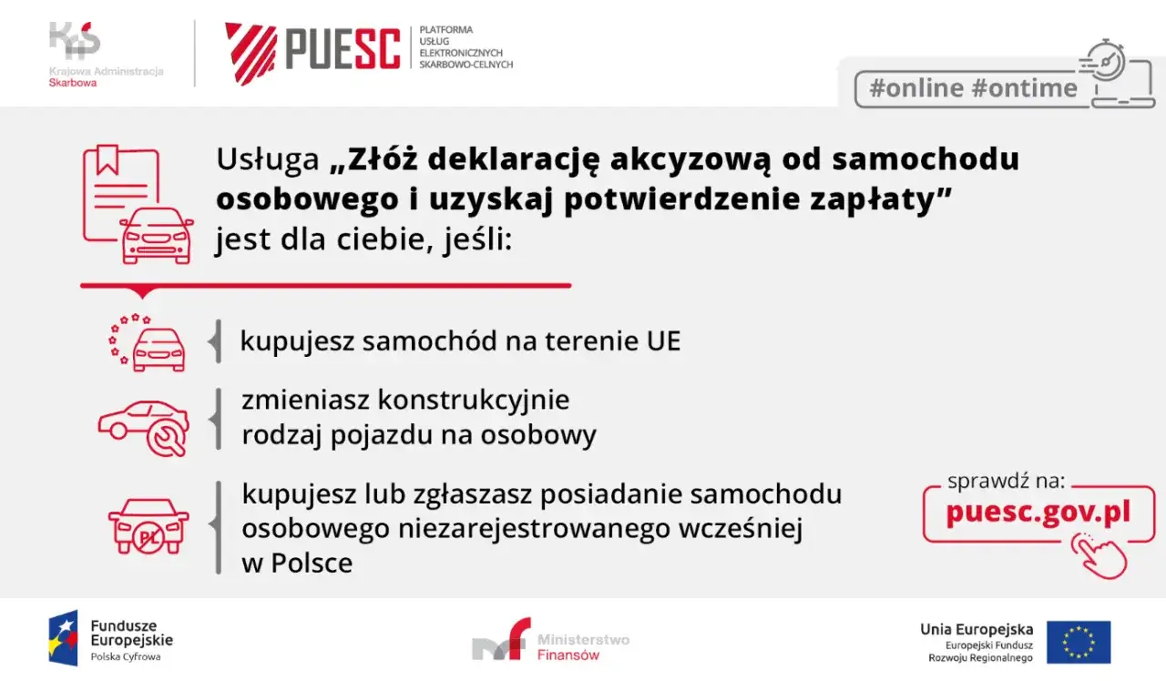 Deklaracja akcyza za samochód na PUESC.gov.pl – dla kupujących auto w UE, zmieniających jego rodzaj lub zgłaszających niezarejestrowane w Polsce.