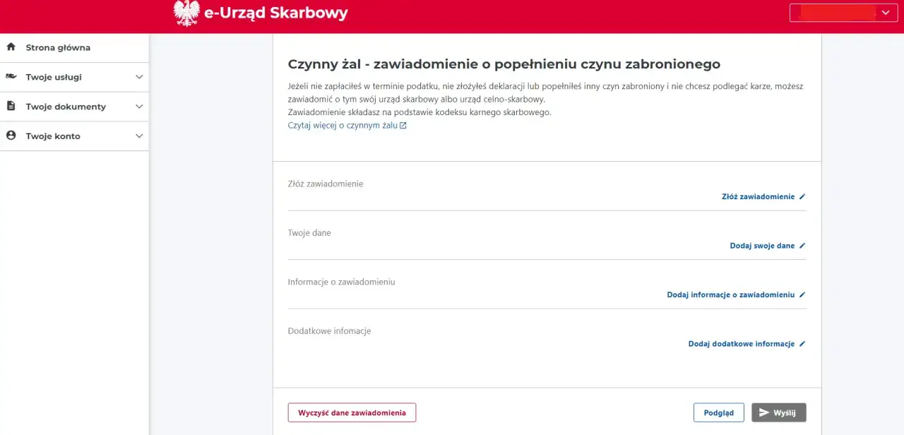 Formularz e-Urzędu Skarbowego do złożenia zawiadomienia o popełnieniu czynu zabronionego. Możliwość złożenia czynnego żalu.