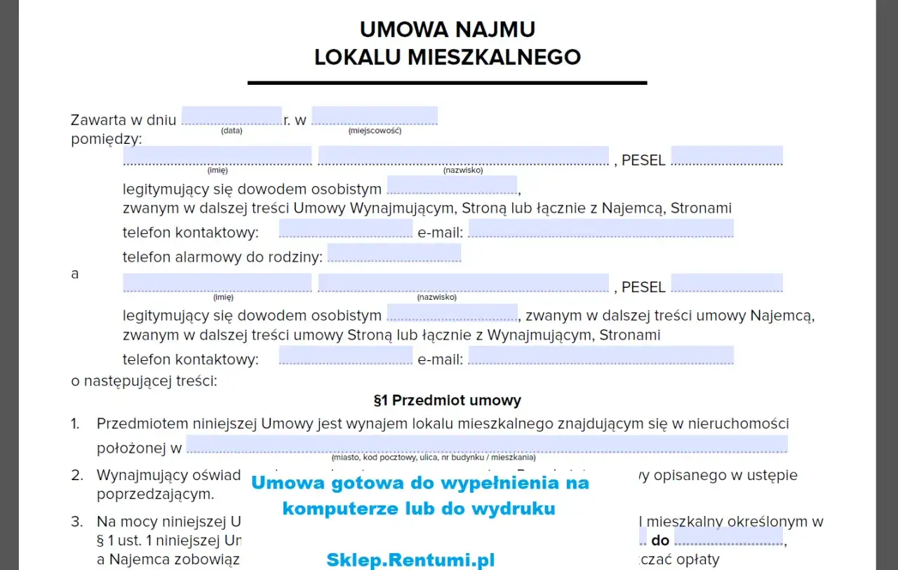 Umowa najmu lokalu mieszkalnego, gotowa do wypełnienia online. Dokument reguluje najem instytucjonalny.