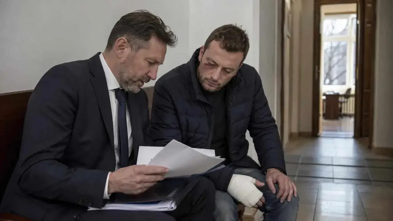 Prawnik omawia z klientem, który ma opatrzoną rękę i siniaki, dokumenty dotyczące sprawy 157 kk.