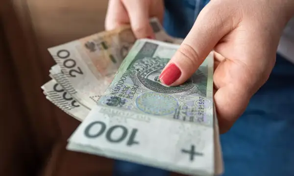 Dłonie trzymają stos polskich banknotów 100 i 200 zł. Czas na przelew podatkowy.
