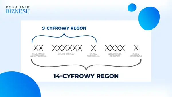 Diagram wyjaśnia, co to jest REGON: 9-cyfrowy numer identyfikuje jednostkę, 14-cyfrowy rozszerza go o oddział.
