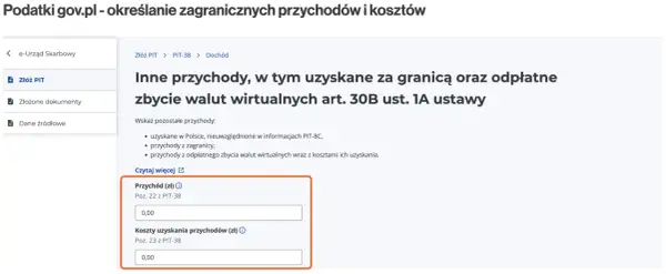 Formularz PIT-38, sekcja "Inne przychody", z polami na przychód i koszty uzyskania przychodów (zł).