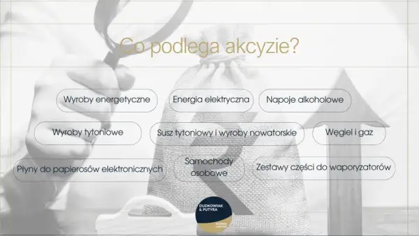 Grafika pokazuje, co podlega akcyzie, w tym napoje alkoholowe, wyroby tytoniowe i energetyczne.