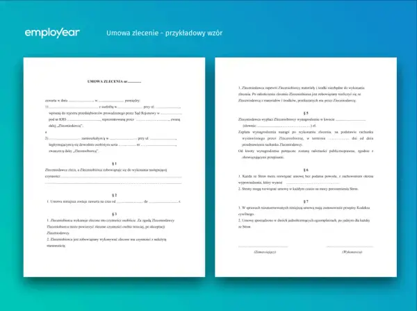 Umowa zlecenie z okresem wypowiedzenia. Dokument zawiera klauzule dotyczące rozwiązania umowy, wynagrodzenia i obowiązków stron.
