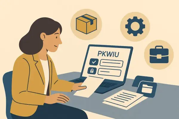 Kobieta przy laptopie z napisem PKWIU. Ikony pudełka, biegu i teczki sugerują, że chodzi o klasyfikację działalności, np. przy rozliczaniu podatku od czynności cywilnoprawnych.