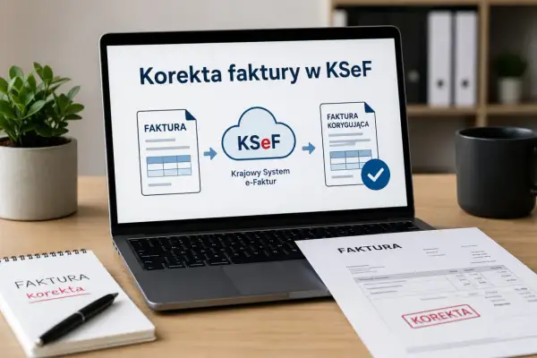 Diagram na ekranie laptopa pokazuje proces korekty faktury w KSeF. Obok leży notatnik z napisem "FAKTURA korekta" i wydrukowana faktura z pieczątką "KOREKTA".
