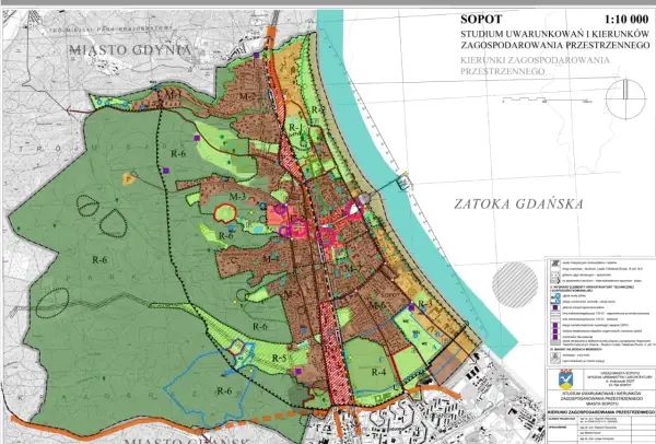 Plan zagospodarowania przestrzennego dla Sopotu, pokazujący tereny zielone (R-6), zabudowę (M) i infrastrukturę.