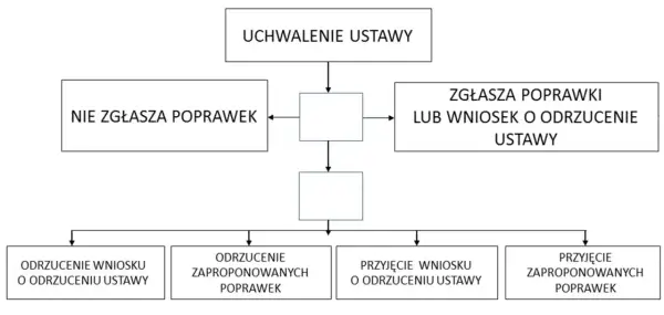 Schemat procesu legislacyjnego, gdzie władza ustawodawcza decyduje o uchwaleniu ustawy, zgłaszaniu poprawek lub wniosku o odrzucenie.