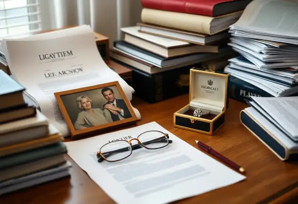 Spadek po rodzicach: dokumenty, zdjęcie pary, pierścionek w szkatułce i okulary na biurku.