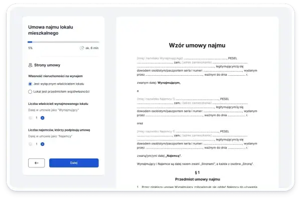 Formularz tworzenia umowy najmu lokalu mieszkalnego. Wpisujesz dane wynajmującego i najemcy.