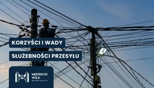 Pracownik przy plątaninie kabli na słupie, nad nim napis "Korzyści i wady służebności przesyłu".