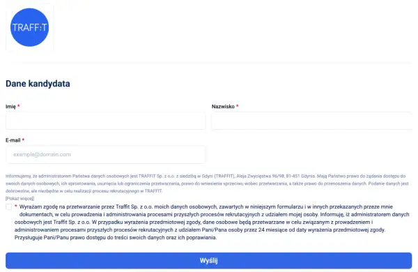 Formularz rekrutacyjny TRAFFIT. Pola na imię, nazwisko, e-mail. Klauzula CV zgoda na przetwarzanie danych osobowych.