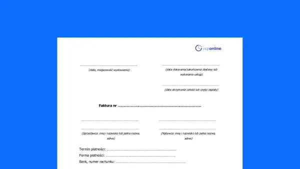 Szablon faktury bez vat. Zawiera pola na datę, numer faktury, dane sprzedawcy i nabywcy, termin płatności oraz bank.