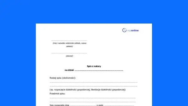 Formularz "Spis z natury" z polami do wypełnienia: nazwa zakładu, data, rodzaj spisu, przedmiot spisu.