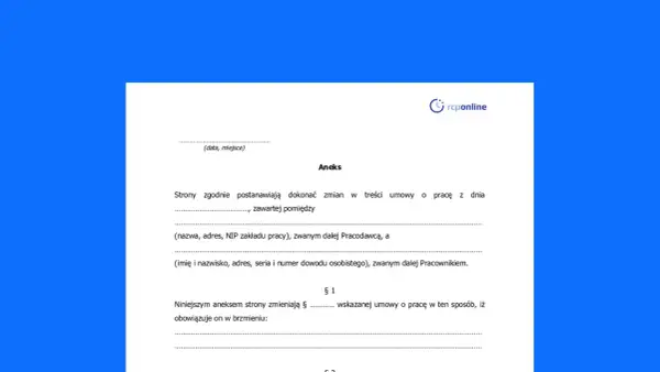 Dokument "Aneks" do umowy o pracę, wprowadzający zmiany w jej treści.