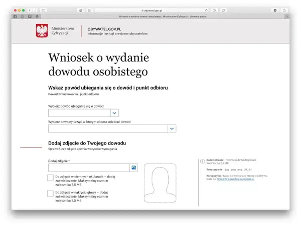 Formularz wniosku o nowy dowód osobisty. Wybierz powód, urząd odbioru i dodaj zdjęcie.