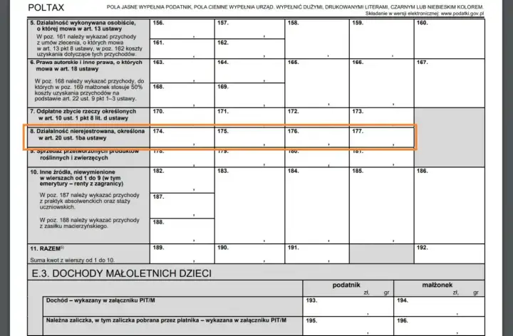 Wiersz 8 formularza PIT dotyczy działalności nierejestrowanej 2026.